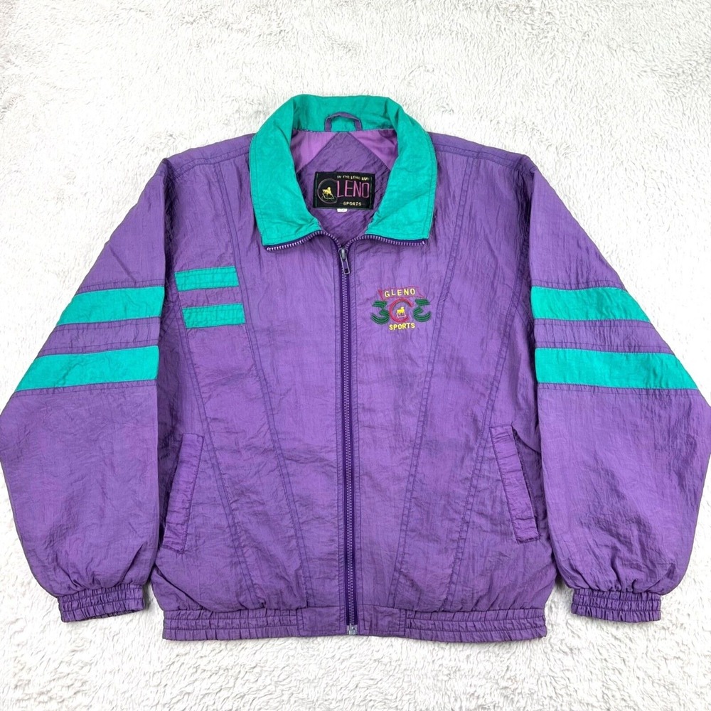 Vintage Track Jacket Women's MEDIUM Purple Teal Nylon Windbreaker‎ Zip Gleno 80s